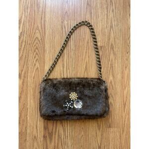 Y2K Faux Fur Fold Over Handbag w/ Gemstone Brooch Detail